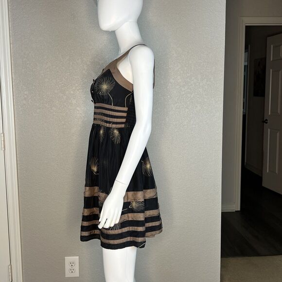 Anthropologie Burlapp Sz 2 Fit Flare 100% Silk Smocked Back Dress Black Beige - Picture 2 of 7